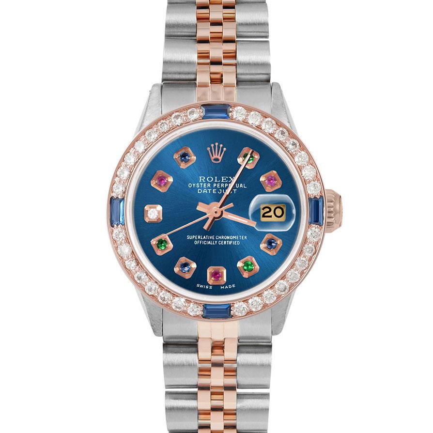Brand : Rolex

Model : Datejust (Non-Quickset Model)

Gender : Ladies

Metals : Rose Gold/Stainless Steel

Case Size : 26 mm

Dial : Custom Blue Rainbow Dial (This dial is not original Rolex And has been added aftermarket yet is a beautiful Custom