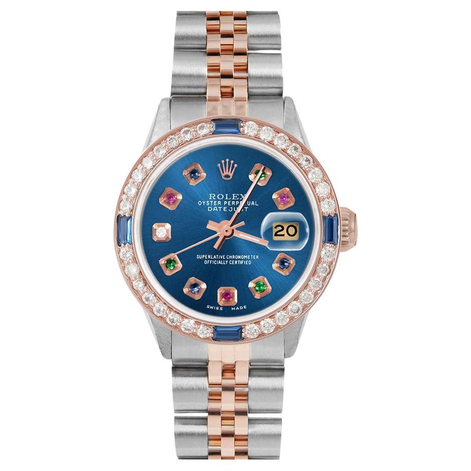 Rolex Ladies Rose Gold Datejust Blue Rainbow Dial Sapphire / Diamond Bezel Watch For Sale