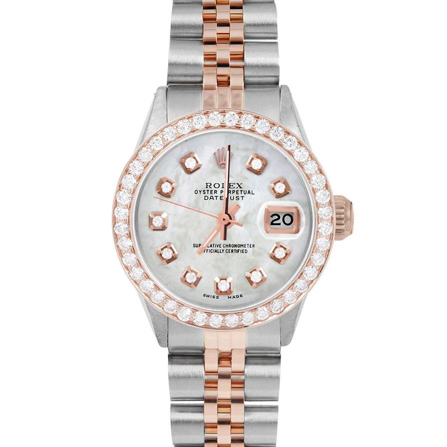 Brand : Rolex

Model : Datejust (Non-Quickset Model)

Gender : Ladies

Metals : Rose Gold/Stainless Steel

Case Size : 26 mm

Dial : Custom White Mother Of Pearl Diamond Dial (This dial is not original Rolex And has been added aftermarket yet is a