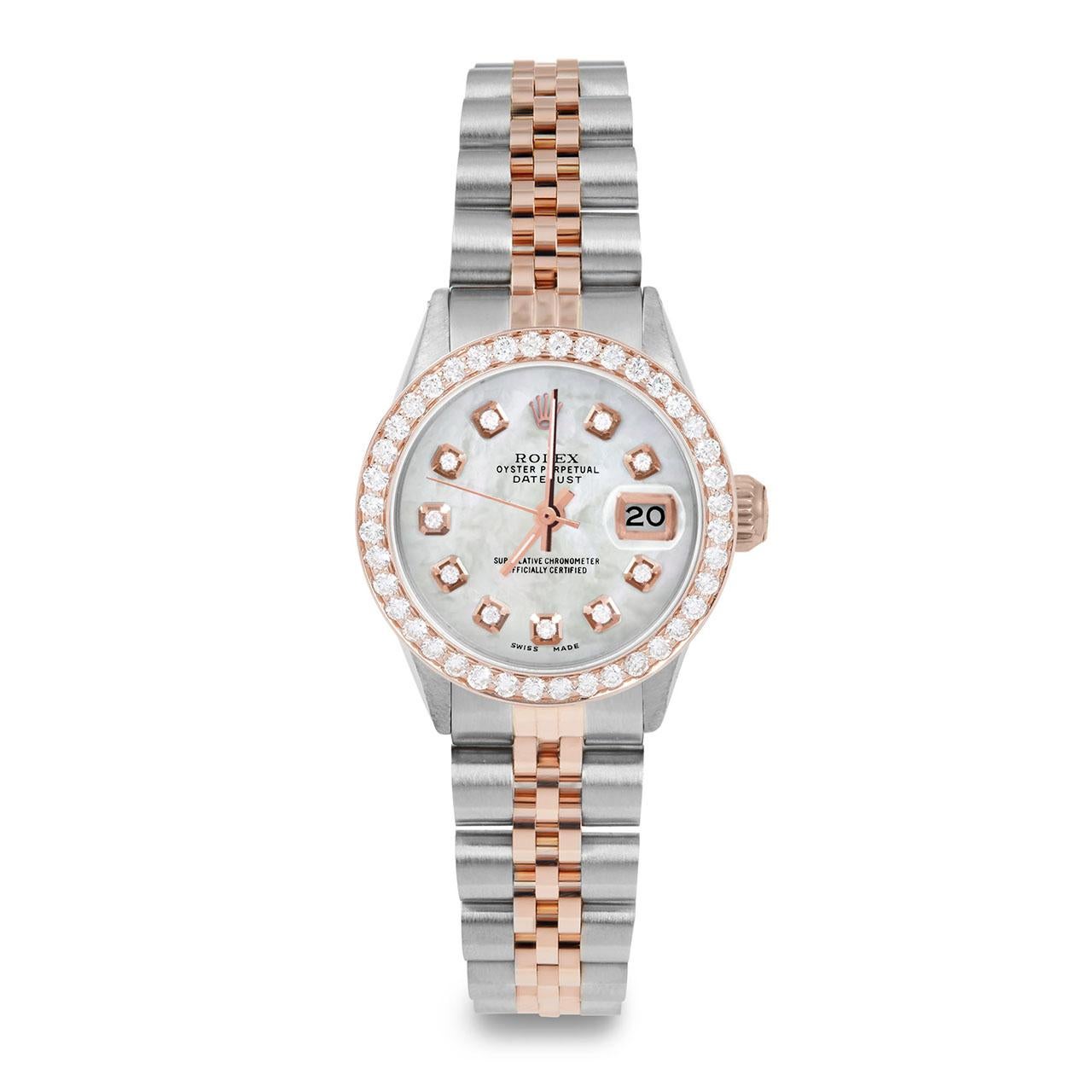 Perle Rolex Montre Datejust MOP pour femmes avec cadran en or rose et lunette en diamants en vente