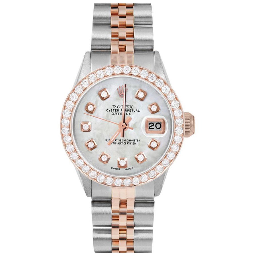 Rolex Ladies Rose Gold Datejust MOP Diamond Dial Diamond Bezel Watch For Sale