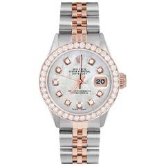 Retro Rolex Ladies Rose Gold Datejust MOP Diamond Dial Diamond Bezel Watch