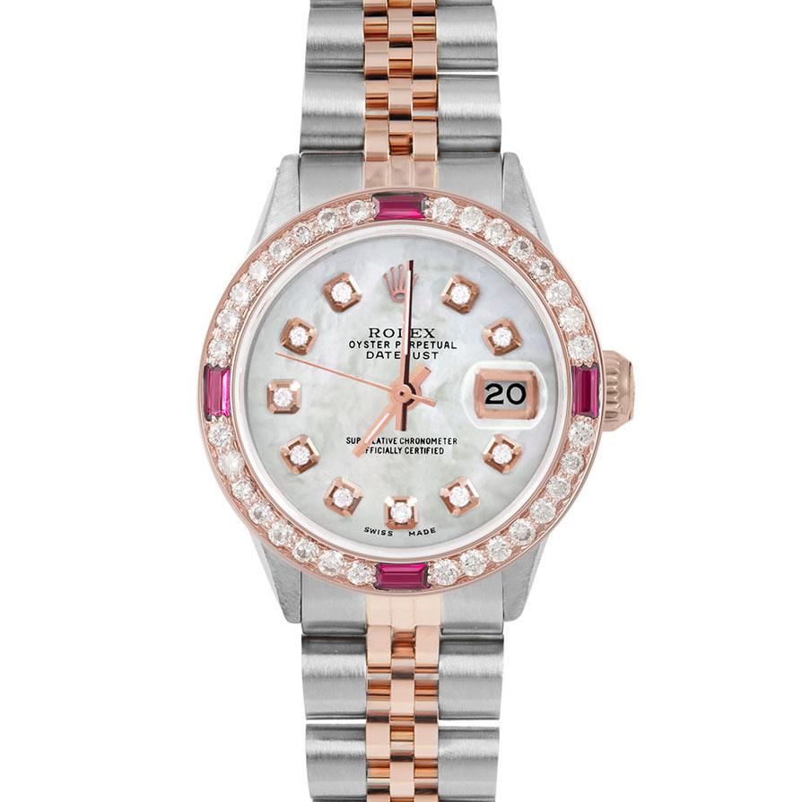 Brand : Rolex

Model : Datejust (Non-Quickset Model)

Gender : Ladies

Metals : Rose Gold/Stainless Steel

Case Size : 26 mm

Dial : Custom White Mother of Pearl Diamond Dial (This dial is not original Rolex And has been added aftermarket yet is a