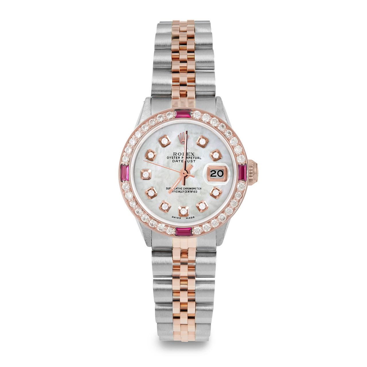 Perle Rolex Montre Datejust MOP pour femme avec cadran en or rose et diamants et lunette en rubis et diamants en vente