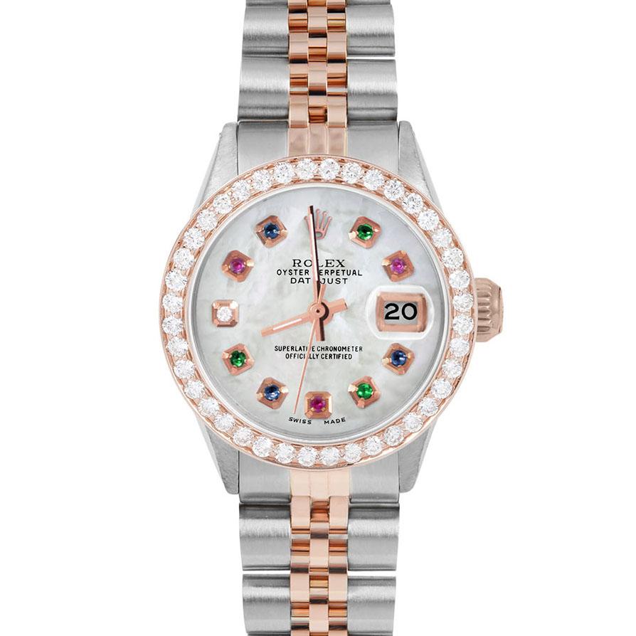 Brand : Rolex

Model : Datejust (Non-Quickset Model)

Gender : Ladies

Metals : Rose Gold/Stainless Steel

Case Size : 26 mm

Dial : Custom White Mother of Pearl Rainbow Dial (This dial is not original Rolex And has been added aftermarket yet is a