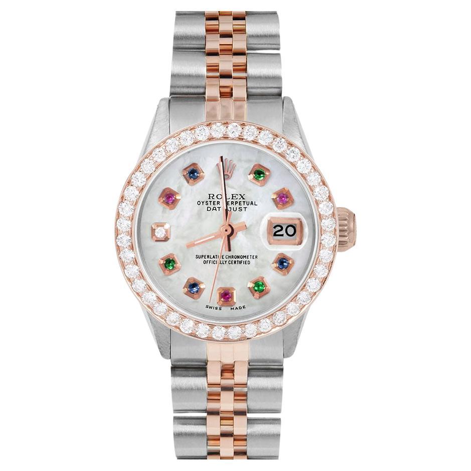 Rolex Ladies Rose Gold Datejust MOP Rainbow Dial Diamond Bezel Watch For Sale