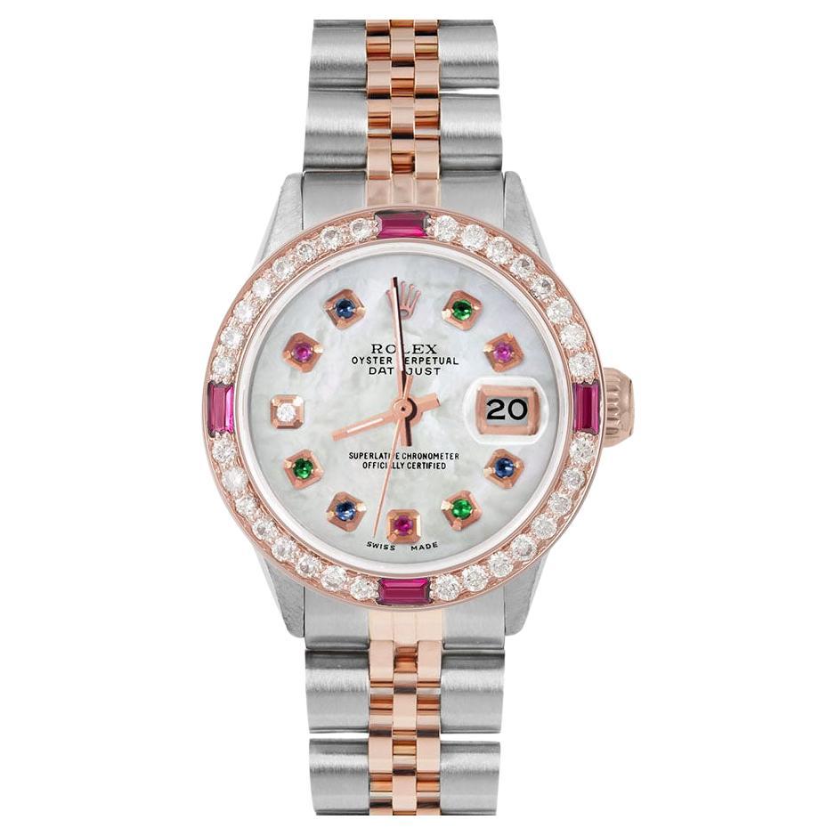 Rolex Montre Datejust MOP pour femme avec cadran arc-en-ciel en or rose et lunette rubis/diamants en vente