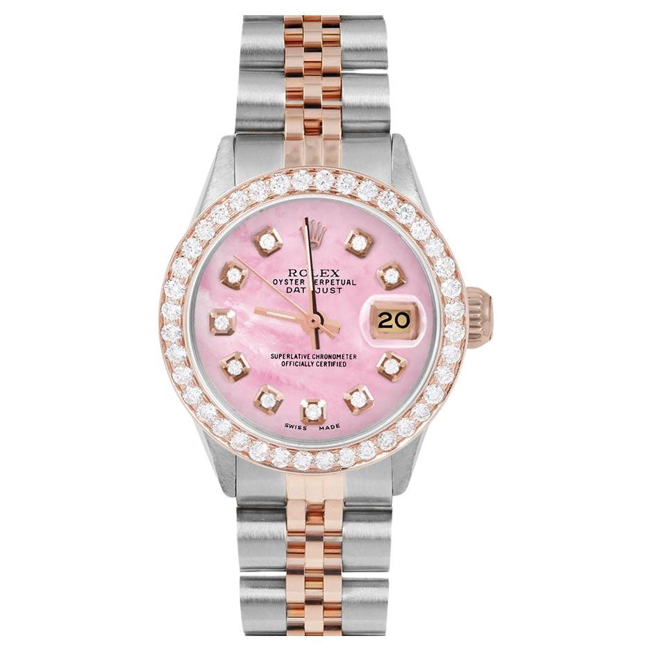 Rolex Ladies Rose Gold Datejust Pink MOP Diamond Dial Diamond Bezel Watch For Sale