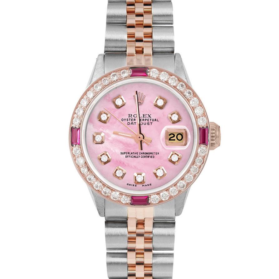 Brand : Rolex

Model : Datejust (Non-Quickset Model)

Gender : Ladies

Metals : Rose Gold/Stainless Steel

Case Size : 26 mm

Dial : Custom Pink Mother of Pearl Diamond Dial (This dial is not original Rolex And has been added aftermarket yet is a