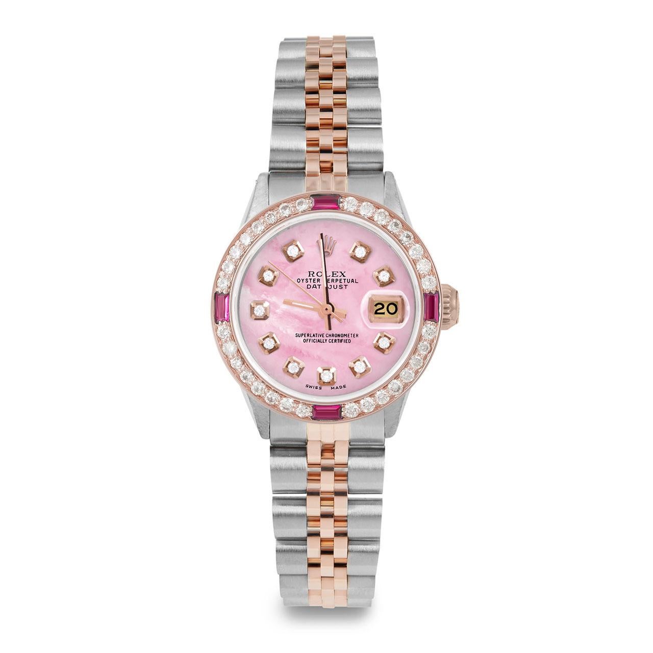Rolex Ladies Rose Gold Datejust Pink MOP Diamond Dial Ruby / Diamond Bezel Watch In Good Condition For Sale In San Pedro, CA