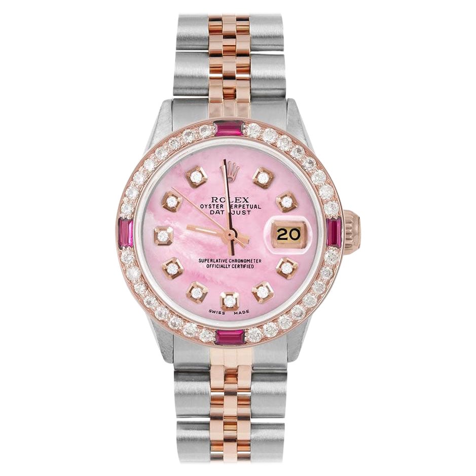 Rolex Ladies Rose Gold Datejust Pink MOP Diamond Dial Orologio con lunetta di diamanti e rubini