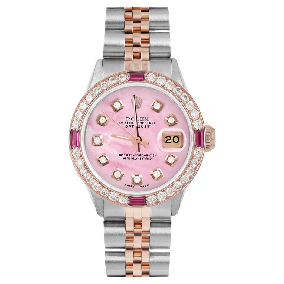 Rolex Ladies Rose Gold Datejust Pink MOP Diamond Dial Ruby / Diamond Bezel Watch