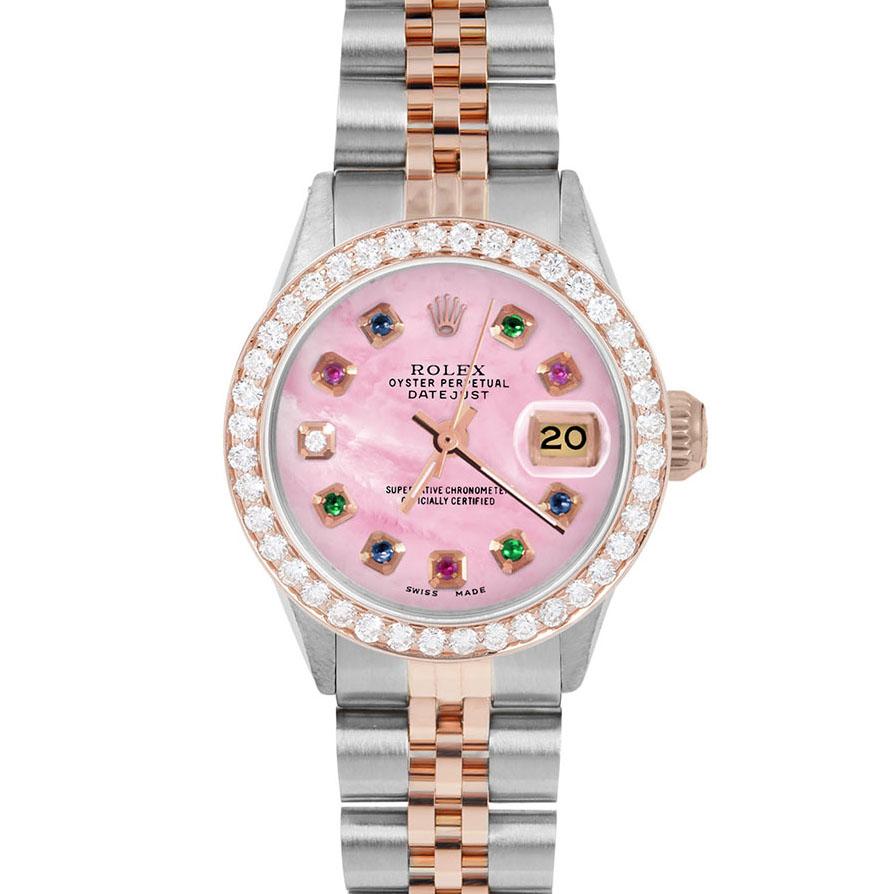 Brand : Rolex

Model : Datejust (Non-Quickset Model)

Gender : Ladies

Metals : Rose Gold/Stainless Steel

Case Size : 26 mm

Dial : Custom Pink Mother of Pearl Rainbow Dial (This dial is not original Rolex And has been added aftermarket yet is a