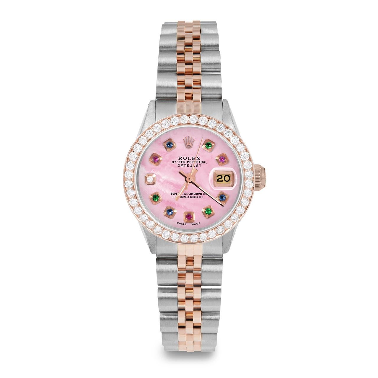 Rolex Damen Roségold Datejust Rosa MOP Regenbogen Zifferblatt Diamant-Lünette Uhr (Perle) im Angebot