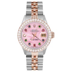Rolex Ladies Rose Gold Datejust Pink MOP Rainbow Dial Diamond Bezel Watch
