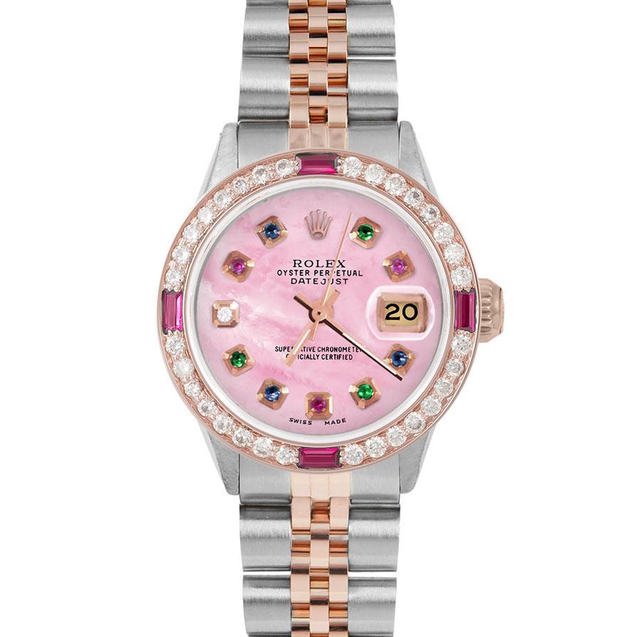 Brand : Rolex

Model : Datejust (Non-Quickset Model)

Gender : Ladies

Metals : Rose Gold/Stainless Steel

Case Size : 26 mm

Dial : Custom Pink Mother of Pearl Rainbow Dial (This dial is not original Rolex And has been added aftermarket yet is a