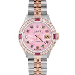 Rolex Ladies Rose Gold Datejust Pink MOP Rainbow Dial Ruby / Diamond Bezel Watch