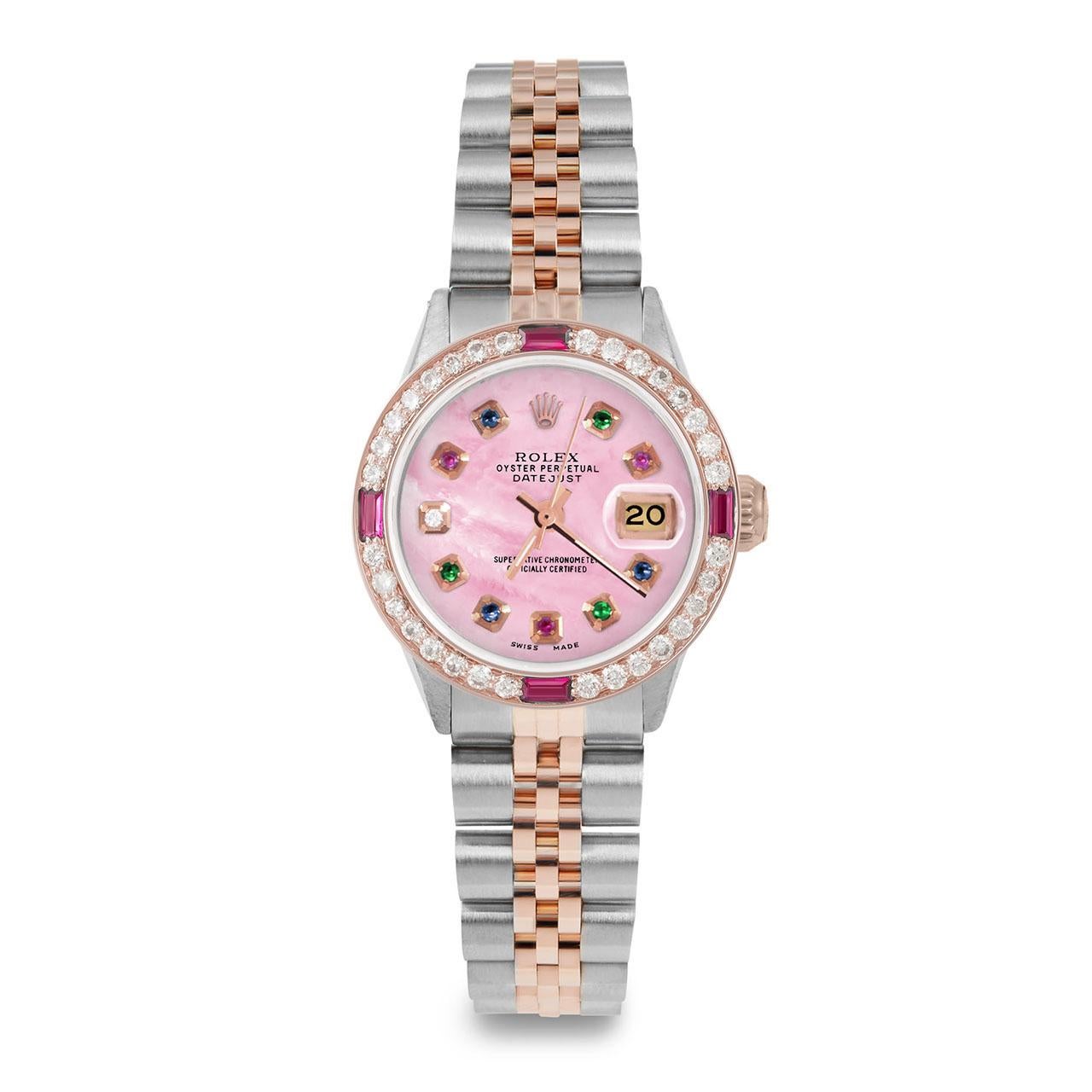 Rolex Damen Roségold Datejust Rosa MOP Regenbogen Zifferblatt Rubin / Diamant Lünette Uhr (Perle) im Angebot