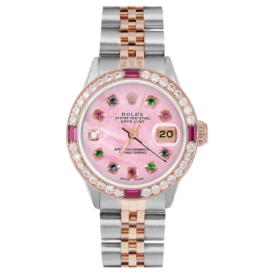 Rolex Ladies Rose Gold Datejust Pink MOP Rainbow Dial Ruby / Diamond Bezel Watch For Sale