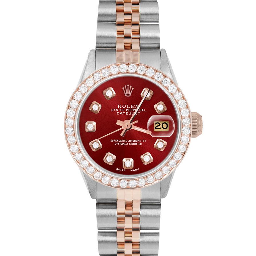 Brand : Rolex

Model : Datejust (Non-Quickset Model)

Gender : Ladies

Metals : Rose Gold/Stainless Steel

Case Size : 26 mm

Dial : Custom Red Diamond Dial (This dial is not original Rolex And has been added aftermarket yet is a beautiful Custom