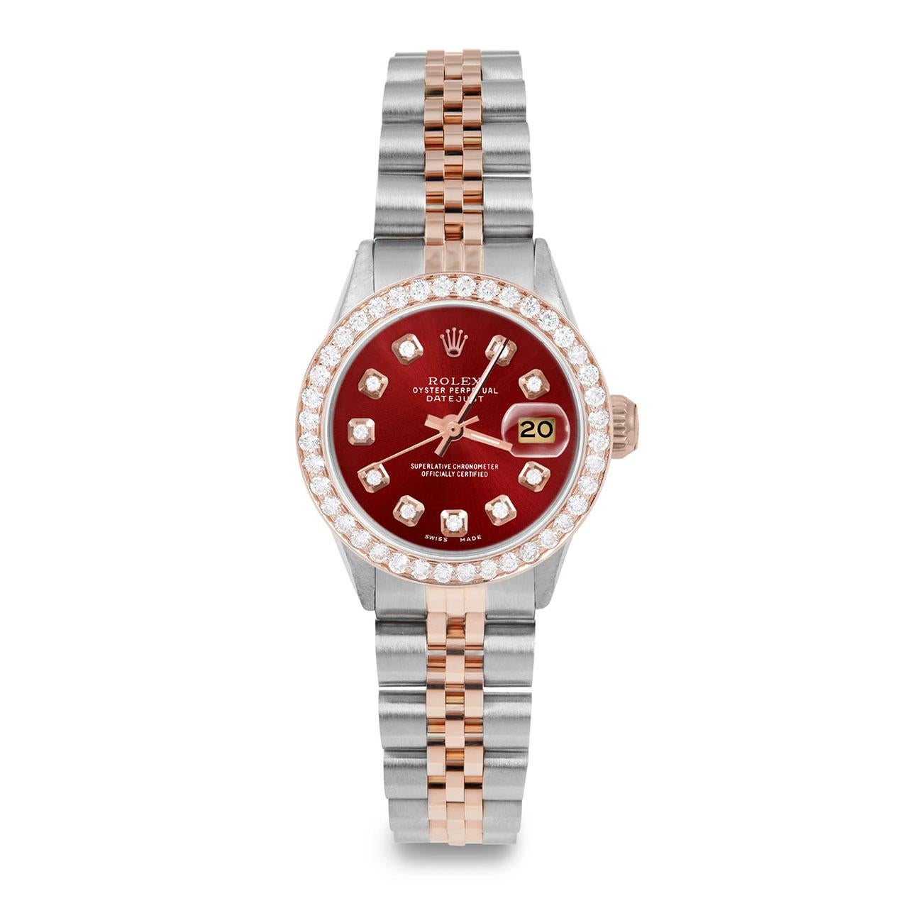 Perle Rolex Montre Datejust pour femme en or rose avec cadran rouge et lunette en diamants en vente