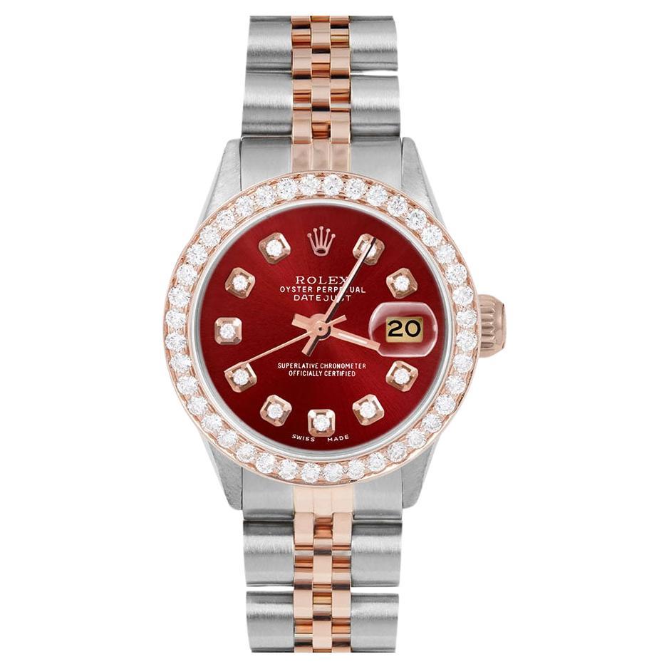 Rolex Ladies Rose Gold Datejust Red Diamond Dial Diamond Bezel Watch For Sale