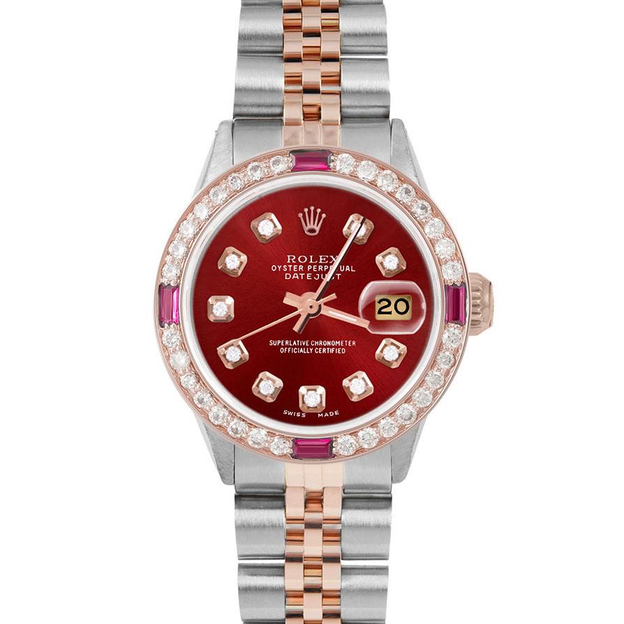 Brand : Rolex

Model : Datejust (Non-Quickset Model)

Gender : Ladies

Metals : Rose Gold/Stainless Steel

Case Size : 26 mm

Dial : Custom Red Diamond Dial (This dial is not original Rolex And has been added aftermarket yet is a beautiful Custom