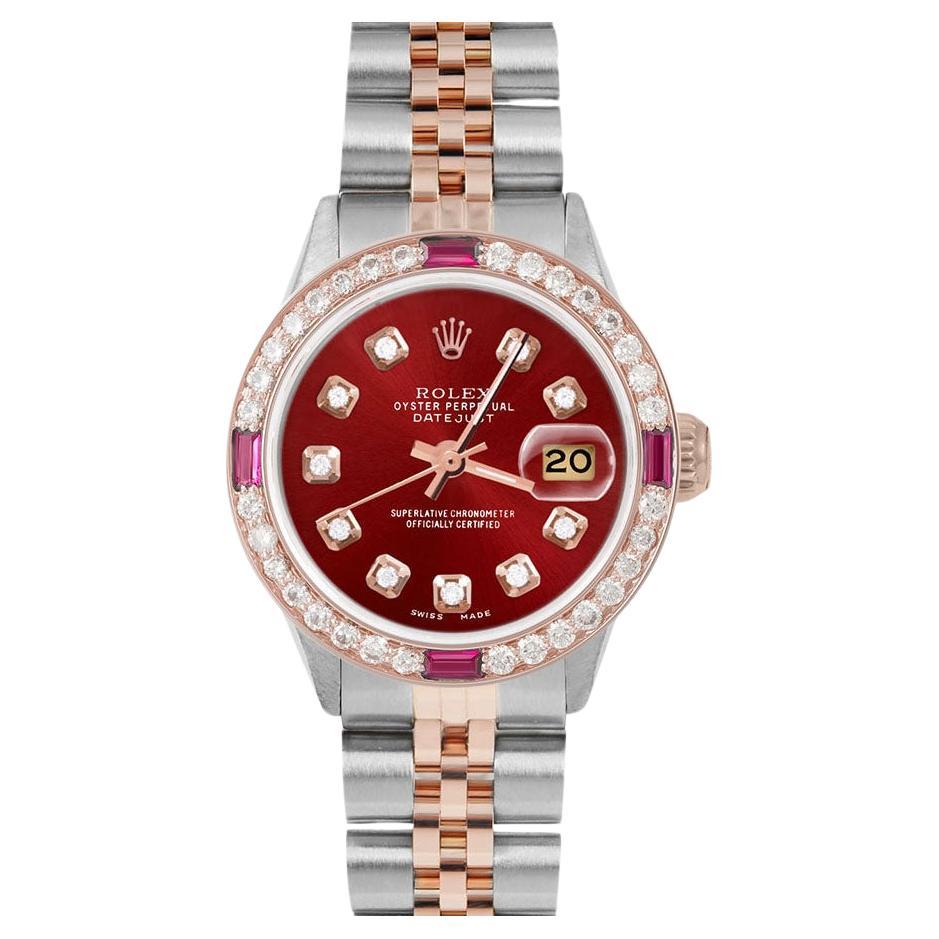 Rolex Ladies Rose Gold Datejust Red Diamond Dial Ruby / Diamond Bezel Watch For Sale
