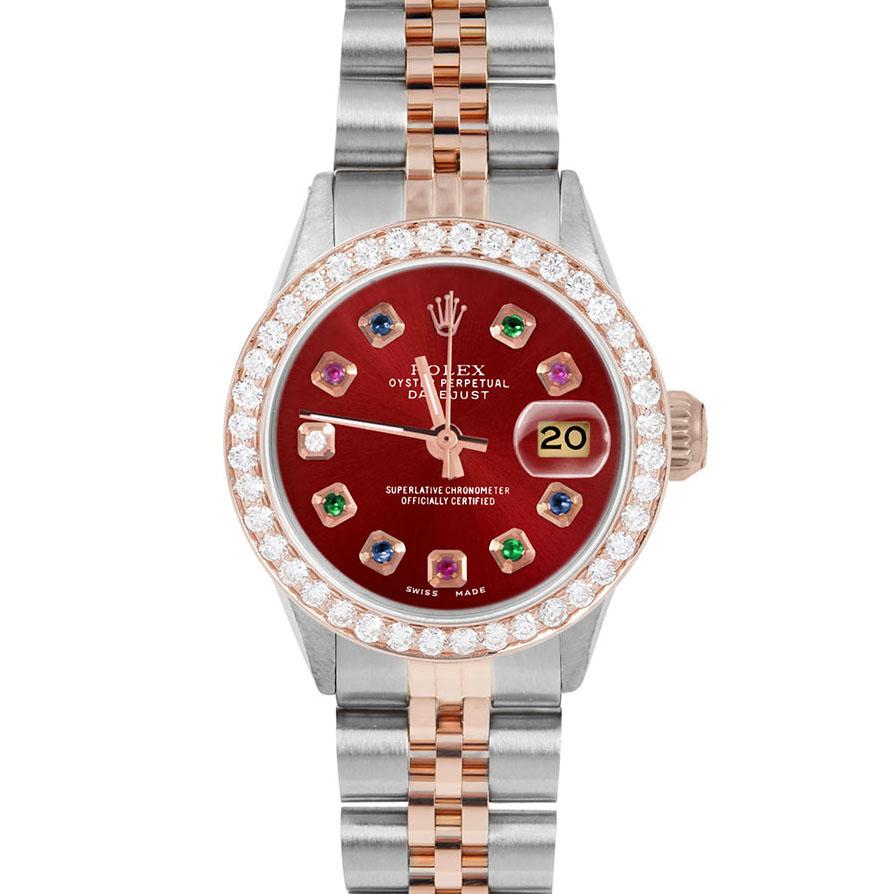 Brand : Rolex

Model : Datejust (Non-Quickset Model)

Gender : Ladies

Metals : Rose Gold/Stainless Steel

Case Size : 26 mm

Dial : Custom Red Rainbow Dial (This dial is not original Rolex And has been added aftermarket yet is a beautiful Custom