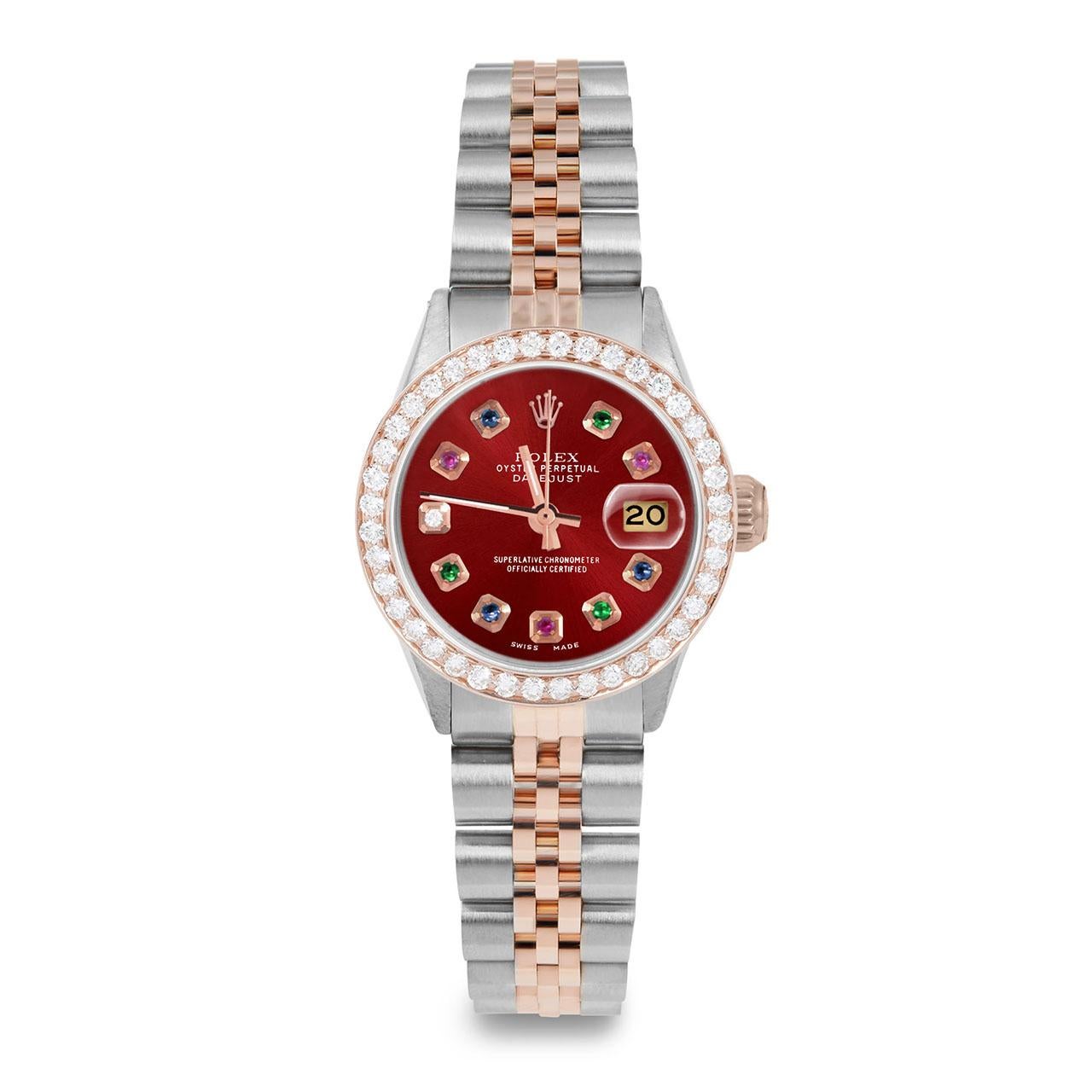 Perle Rolex Montre Datejust pour femme en or rose avec cadran arc-en-ciel rouge et lunette en diamants en vente