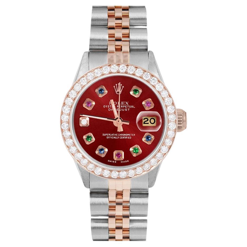 Rolex Montre Datejust pour femme en or rose avec cadran arc-en-ciel rouge et lunette en diamants