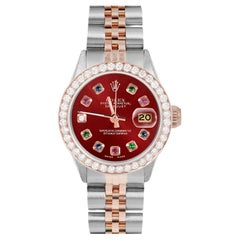 Rolex Ladies Rose Gold Datejust Red Rainbow Dial Diamond Bezel Watch