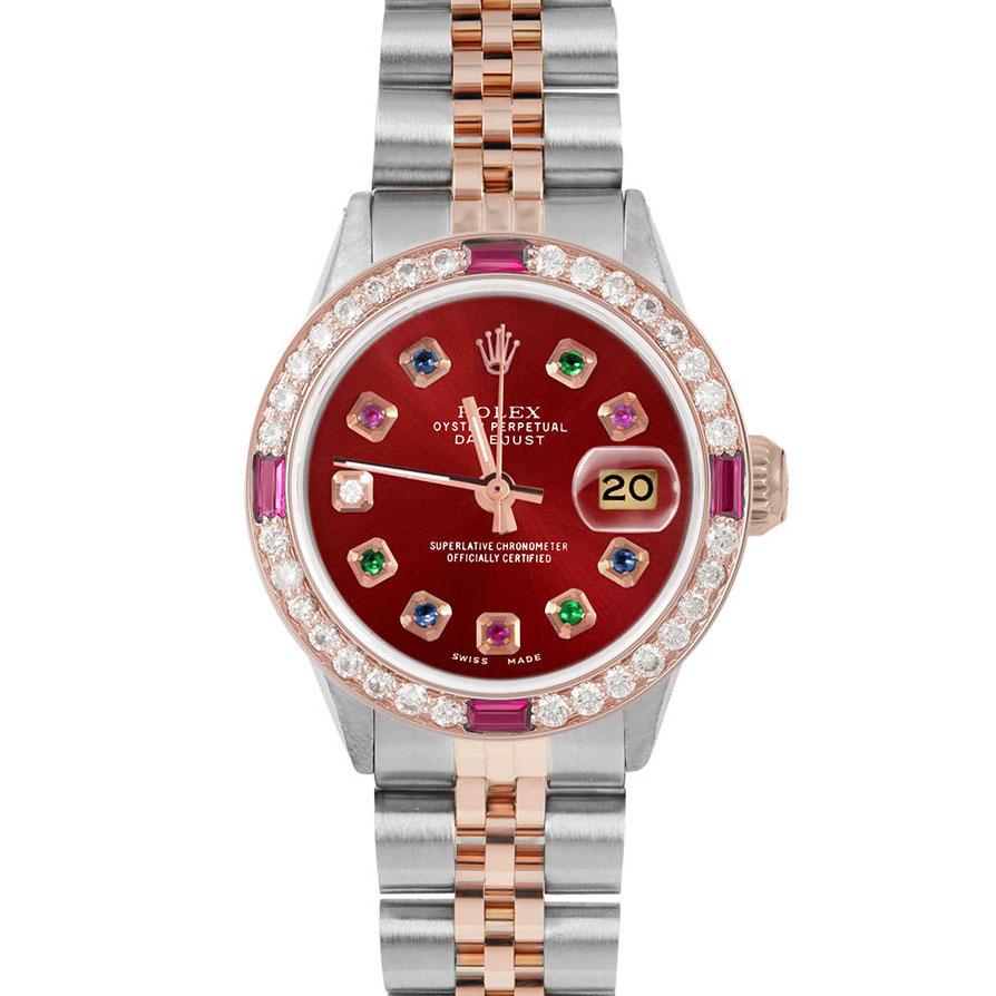 Brand : Rolex

Model : Datejust (Non-Quickset Model)

Gender : Ladies

Metals : Rose Gold/Stainless Steel

Case Size : 26 mm

Dial : Custom Red Rainbow Dial (This dial is not original Rolex And has been added aftermarket yet is a beautiful Custom