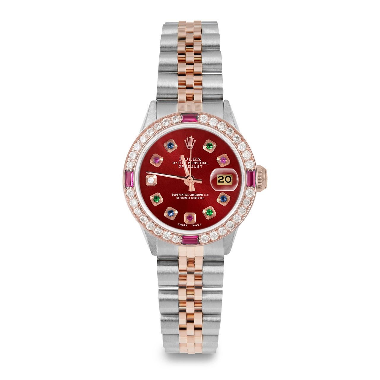 Perle Rolex Ladies Rose Gold Datejust Red Rainbow Dial Ruby / Diamond Bezel Watch en vente