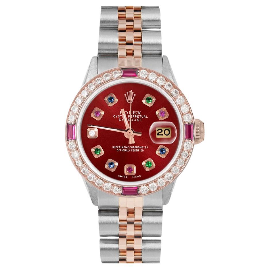 Rolex Ladies Rose Gold Datejust Red Rainbow Dial Ruby / Diamond Bezel Watch en vente