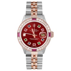 Retro Rolex Ladies Rose Gold Datejust Red Rainbow Dial Ruby / Diamond Bezel Watch