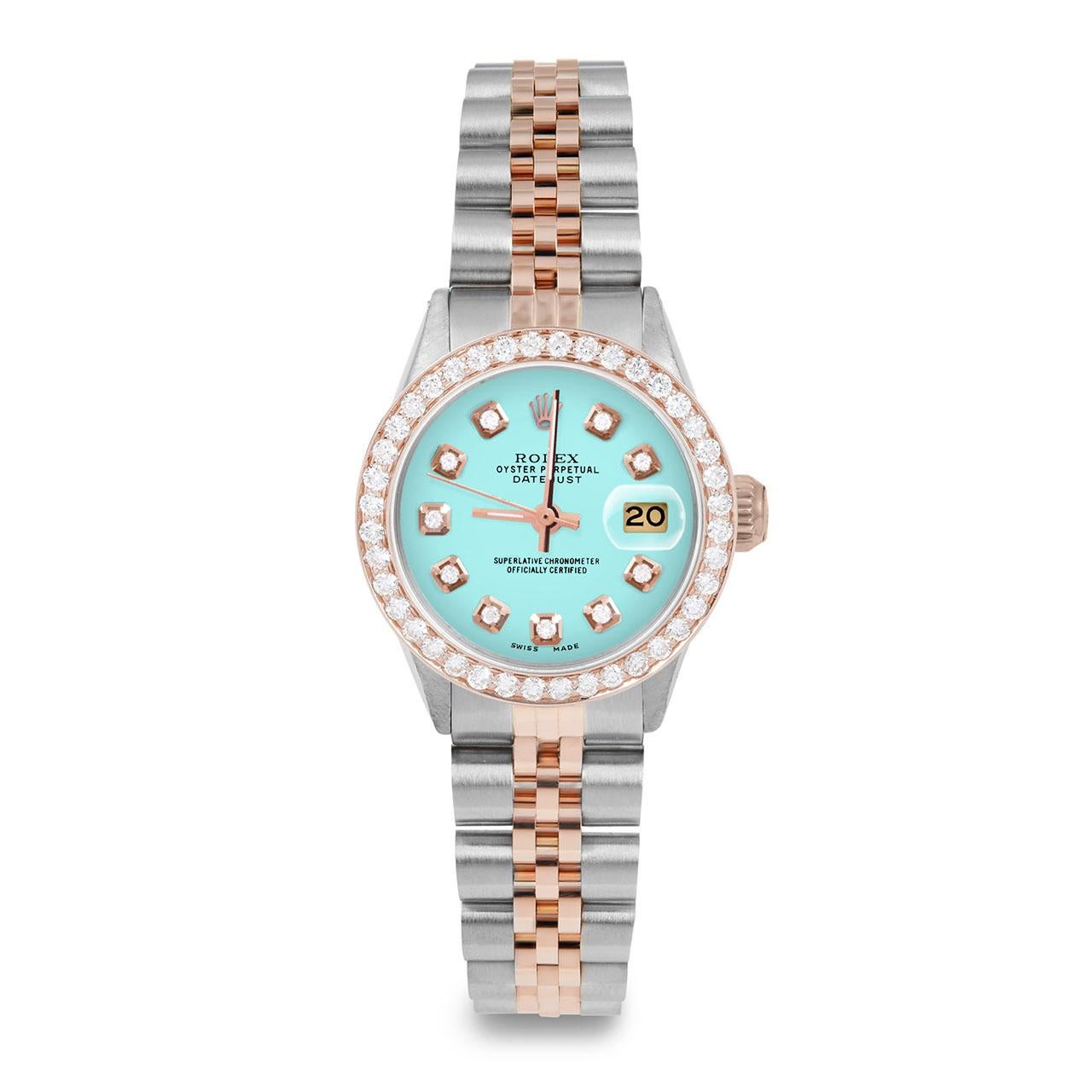 Rolex Damen Roségold Datejust Türkis-Diamant-Zifferblatt-Diamant-Lünette-Uhr (Perle) im Angebot