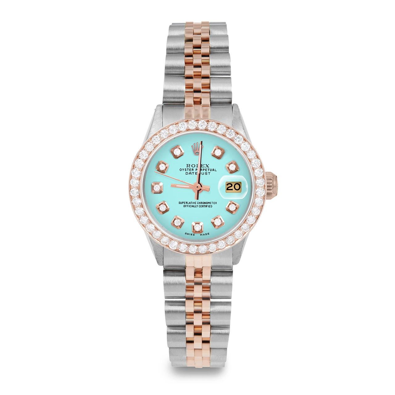 Bead Rolex Ladies Rose Gold Datejust Turquoise Diamond Dial Diamond Bezel Watch