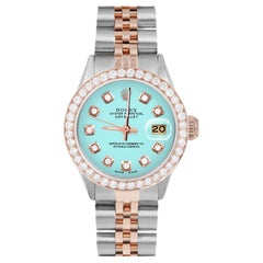 Rolex Ladies Rose Gold Datejust Turquoise Diamond Dial Diamond Bezel Watch