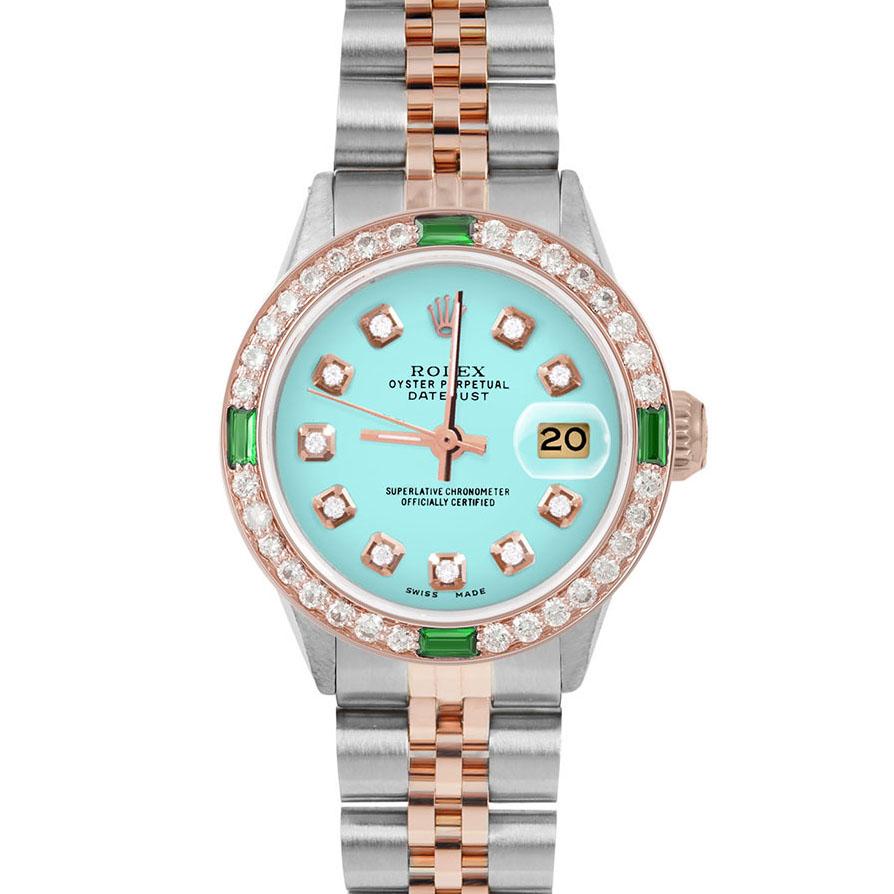 Brand : Rolex

Model : Datejust (Non-Quickset Model)

Gender : Ladies

Metals : Rose Gold/Stainless Steel

Case Size : 26 mm

Dial : Custom Turquoise Diamond Dial (This dial is not original Rolex And has been added aftermarket yet is a beautiful
