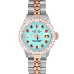 Rolex Ladies Rose Gold Datejust Turquoise Rainbow Dial Diamond Bezel Watch