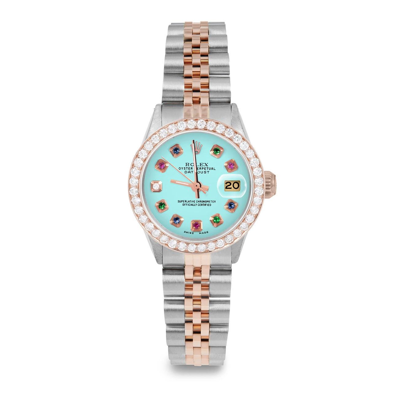 Rolex Damen Roségold Datejust Türkis Regenbogen Zifferblatt Diamant-Lünette Uhr (Perle) im Angebot