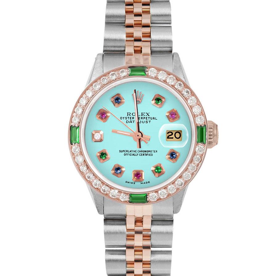 Brand : Rolex

Model : Datejust (Non-Quickset Model)

Gender : Ladies

Metals : Rose Gold/Stainless Steel

Case Size : 26 mm

Dial : Custom Turquoise Rainbow Dial (This dial is not original Rolex And has been added aftermarket yet is a beautiful