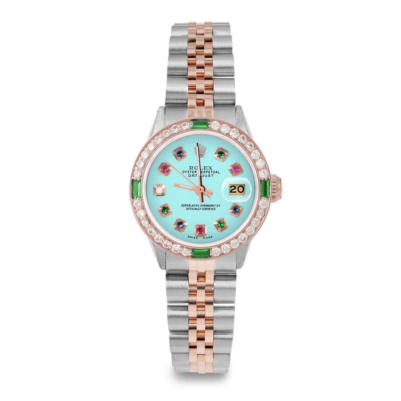 Bead Rolex Ladies Rose Gold Datejust Turquoise Rainbow Dial Emerald / Diamond Bezel