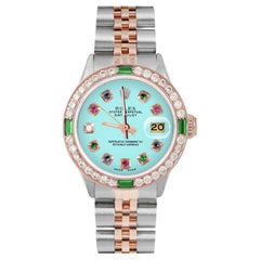 Rolex Ladies Rose Gold Datejust Turquoise Rainbow Dial Emerald / Diamond Bezel