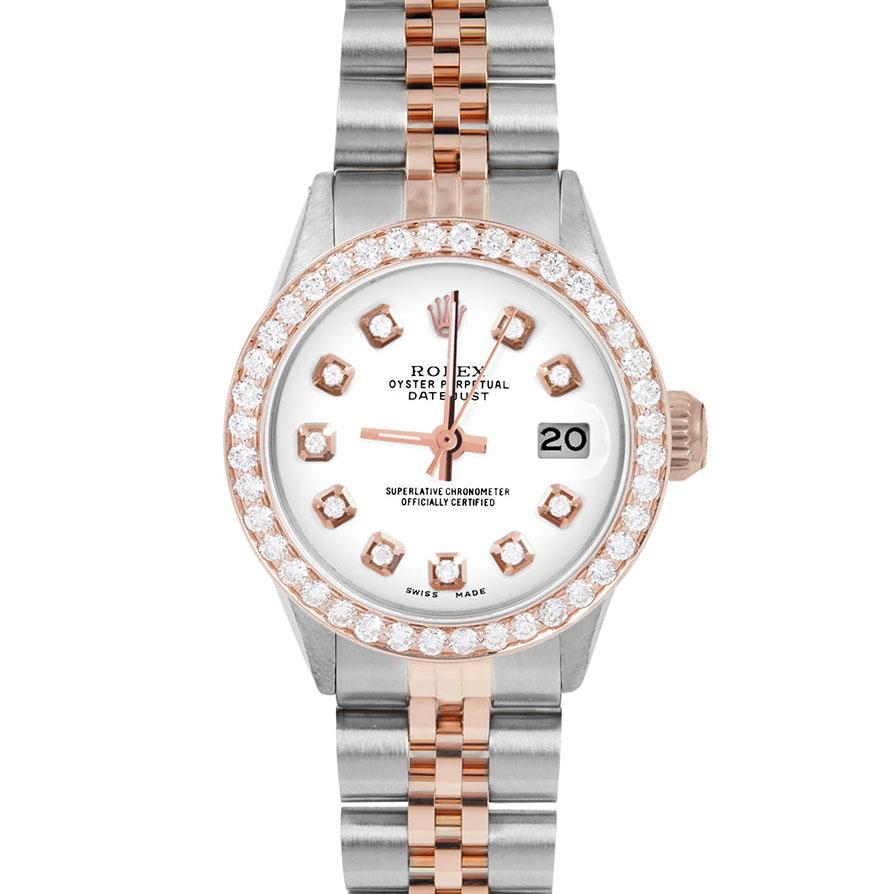 Brand : Rolex

Model : Datejust (Non-Quickset Model)

Gender : Ladies

Metals : Rose Gold/Stainless Steel

Case Size : 26 mm

Dial : Custom White Diamond Dial (This dial is not original Rolex And has been added aftermarket yet is a beautiful Custom