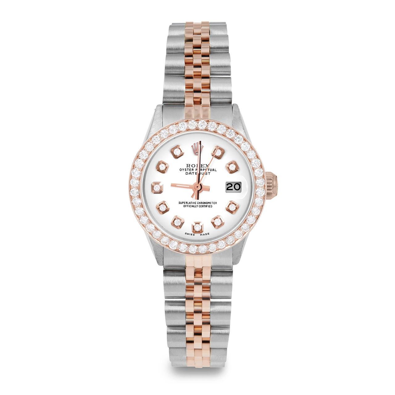 Perle Rolex Ladies Rose Gold Datejust White Diamond Dial Diamond Bezel Watch en vente