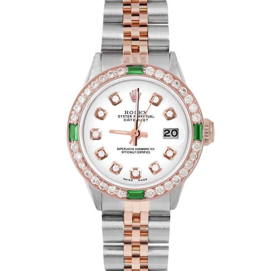 Brand : Rolex

Model : Datejust (Non-Quickset Model)

Gender : Ladies

Metals : Rose Gold/Stainless Steel

Case Size : 26 mm

Dial : Custom White Diamond Dial (This dial is not original Rolex And has been added aftermarket yet is a beautiful Custom