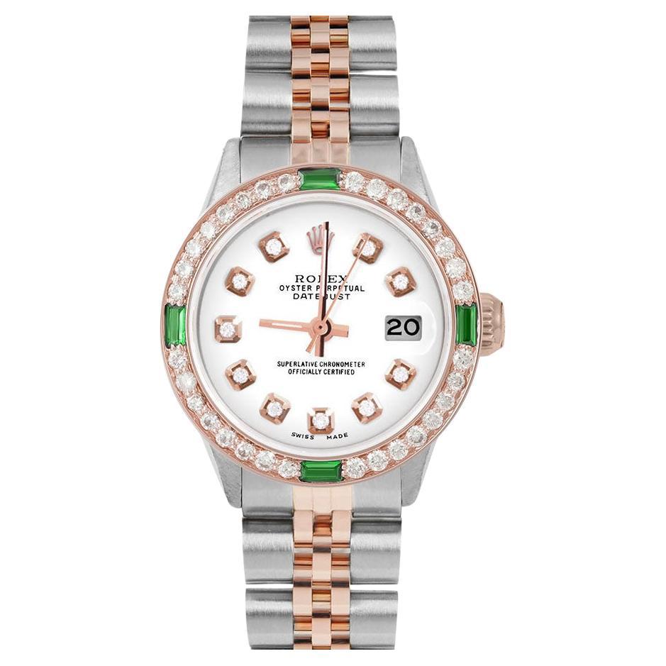 Rolex Ladies Rose Gold Datejust White Diamond Dial Emerald / Diamond Bezel Watch For Sale
