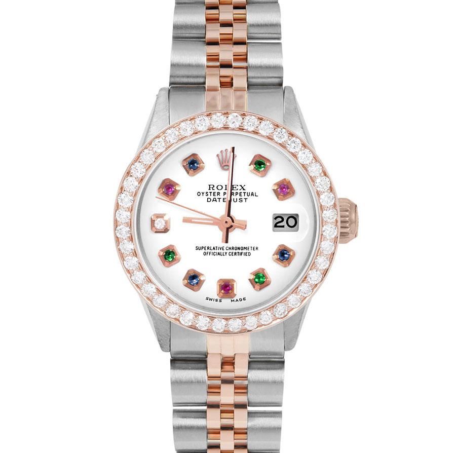 Brand : Rolex

Model : Datejust (Non-Quickset Model)

Gender : Ladies

Metals : Rose Gold/Stainless Steel

Case Size : 26 mm

Dial : Custom White Rainbow Dial (This dial is not original Rolex And has been added aftermarket yet is a beautiful Custom